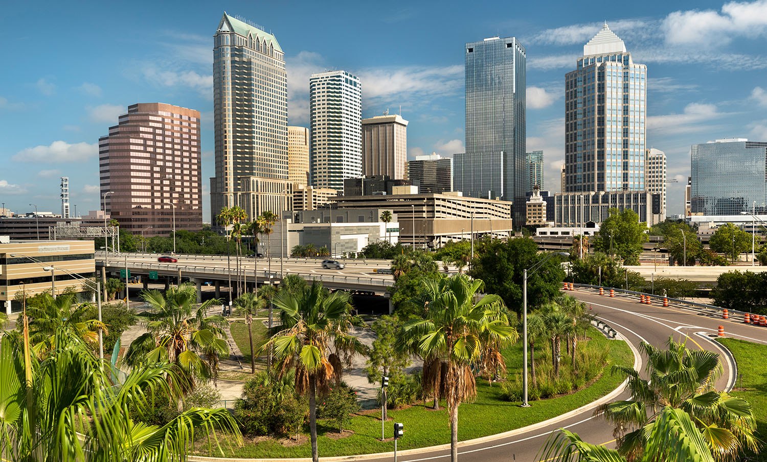 multicolor panorama of buildings and waterfront in Tampa, FL