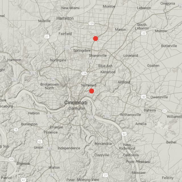 Simple map with two red dots indicating escape room locations in Cincinnati, OH