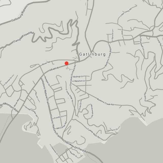 Overhead map of Breakout Escape Room location in downtown Gatlinburg, Tennessee