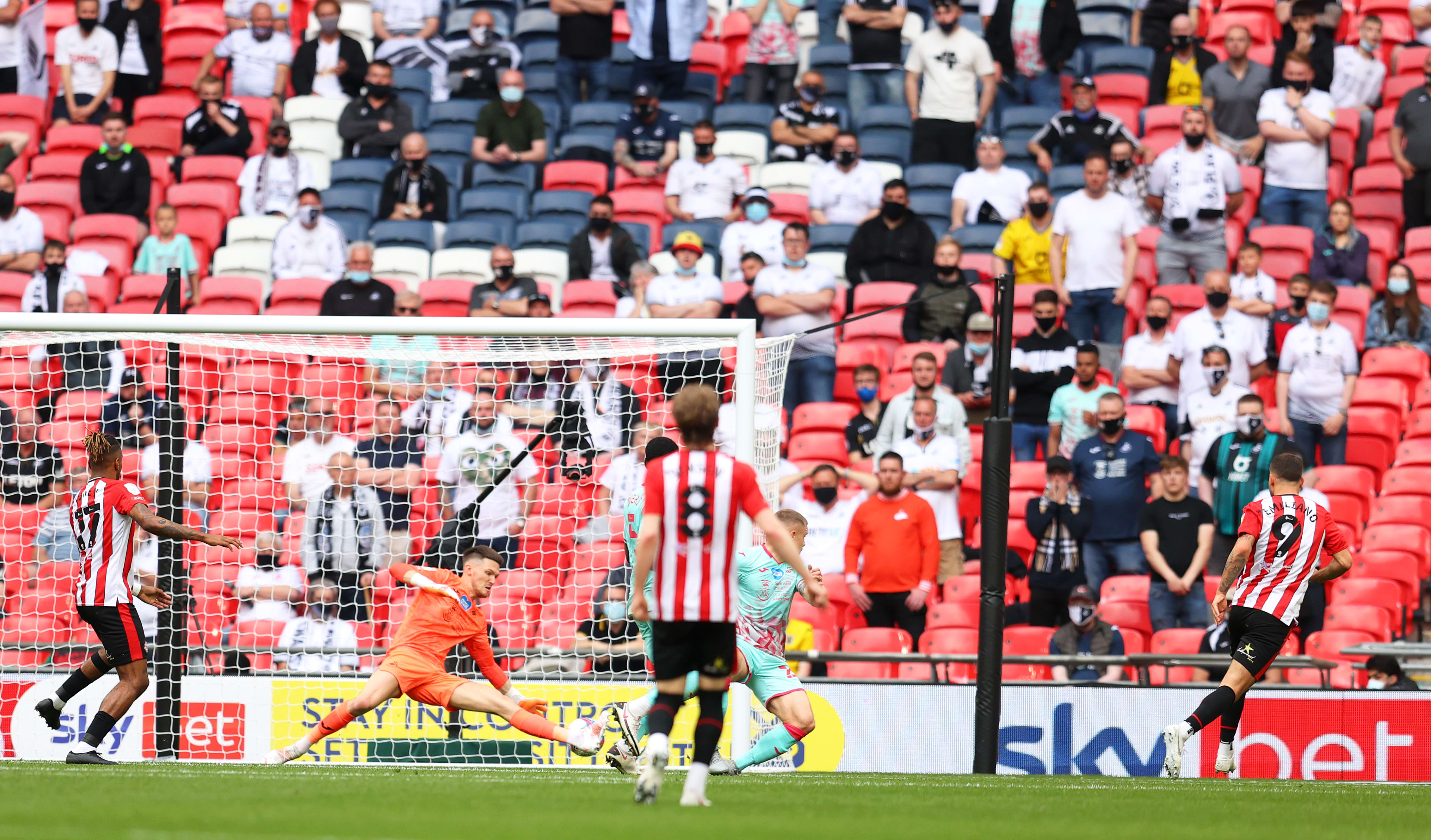 Emiliano Marcondes scores the second Brentford FC goal in the 2020/21 Play Off final at Wembley 