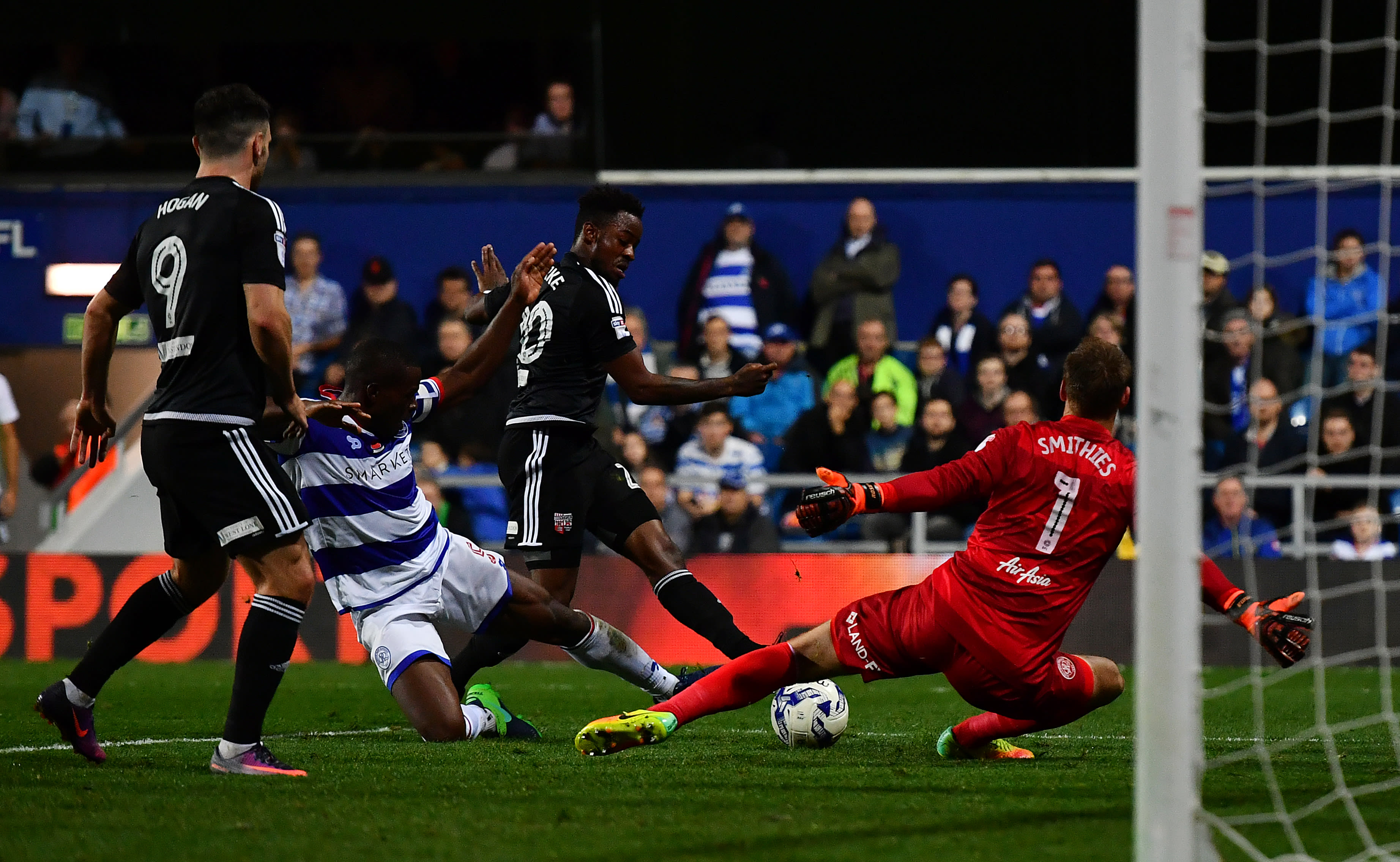 Josh Clarke scores against Queens Park Rangers at Loftus Road on 28 October 2016