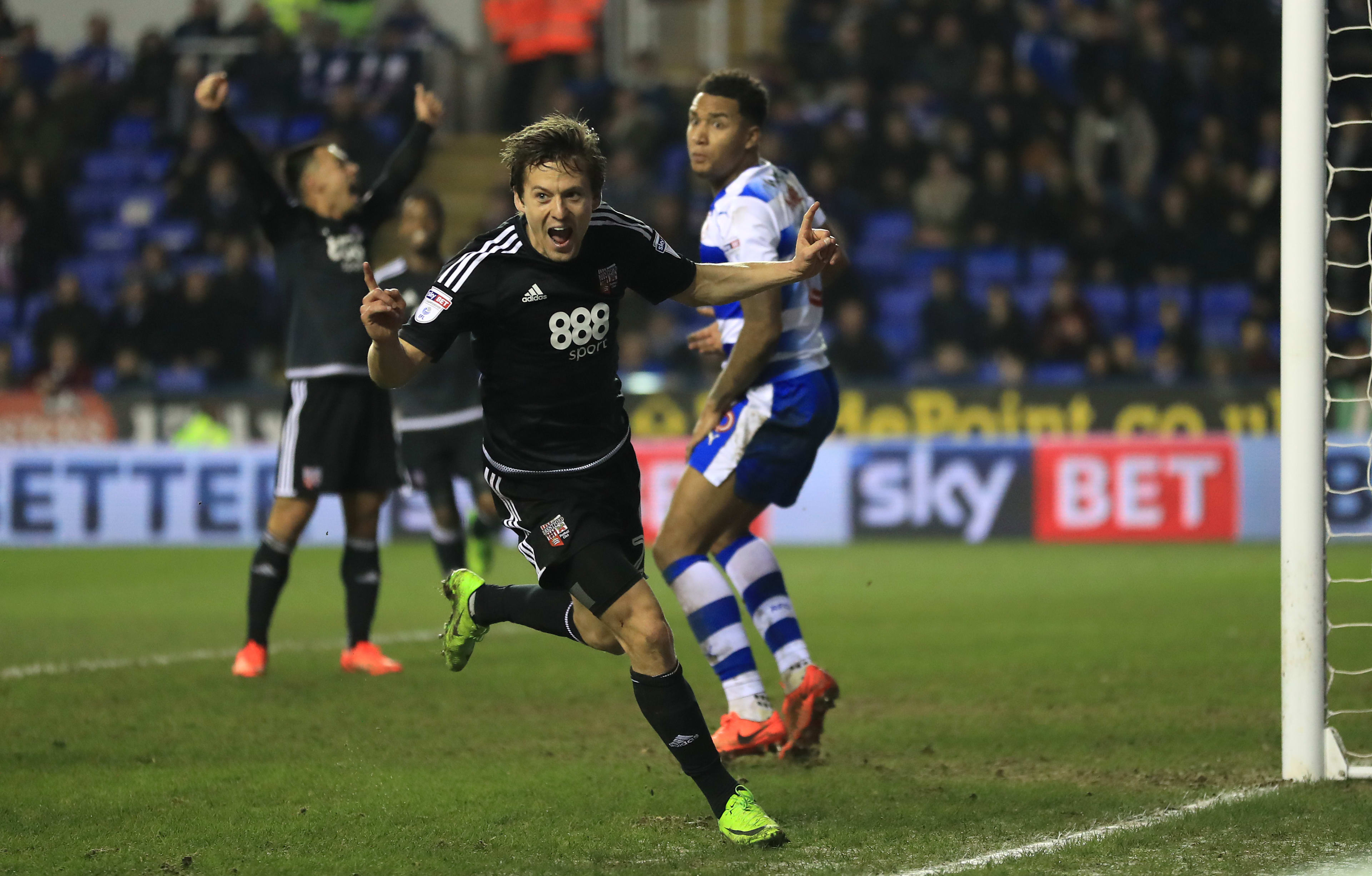 Lasse Vibe celebrates scoring against Reading at Madejski Stadium on 14 February 2017