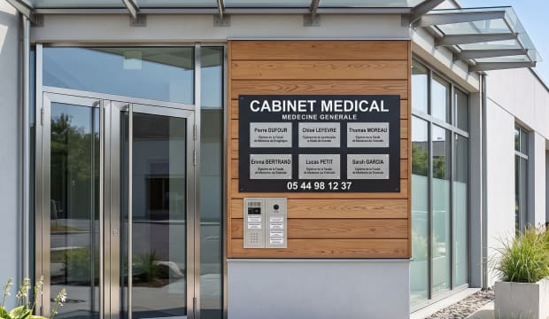 Entrée vitrée d'un cabinet médical avec platine d'appel sur le bardage