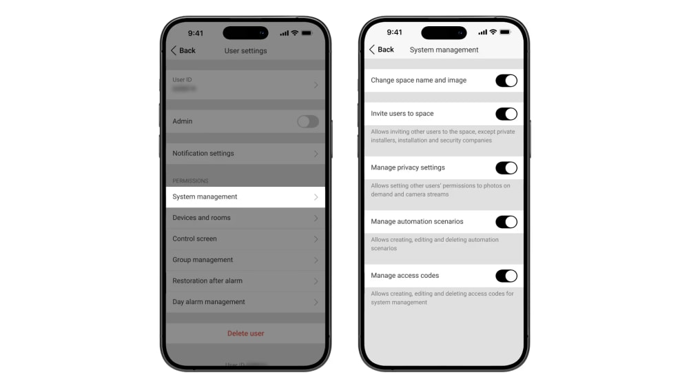Réglages des droits d'un utilisateur dans l'application Ajax : gestion de la confidentialité, des scénarios et des codes d'accès