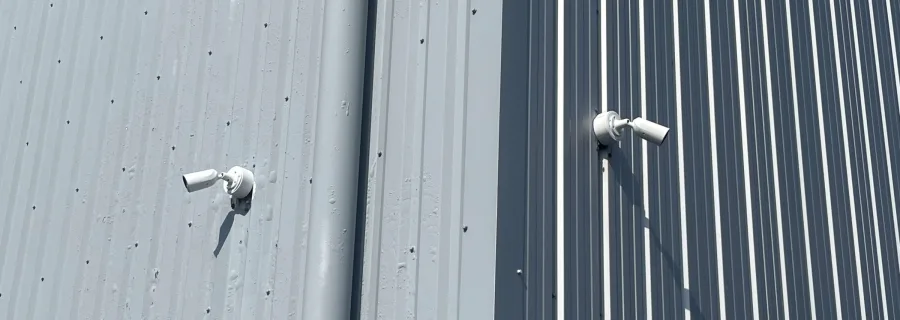 Deux caméras bullet fixées sur un bardage métallique, orientées vers les accès du bâtiment