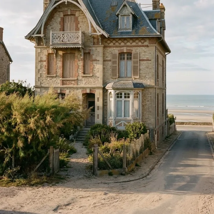 Villa balnéaire en pierre et brique avec bow-window, rue menant à la plage