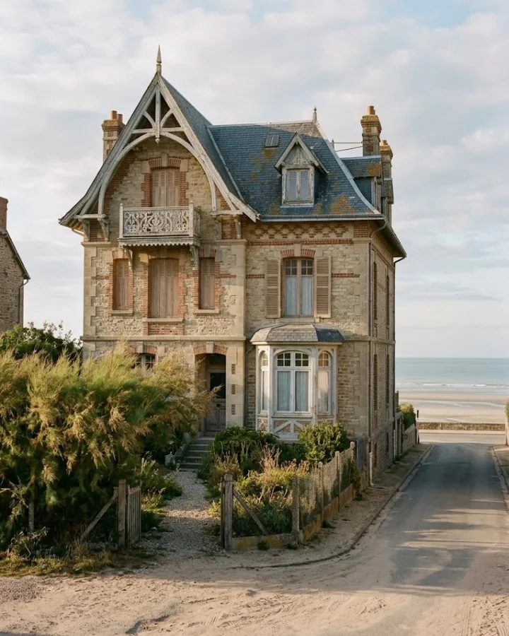 Villa balnéaire en pierre et brique avec bow-window, rue menant à la plage