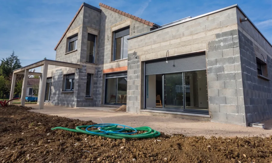 Maison en construction, gros œuvre en parpaing, chantier en cours