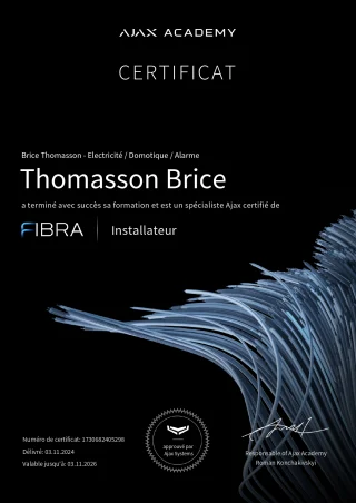 Certificat Ajax Fibra Installer au nom de Brice Thomasson