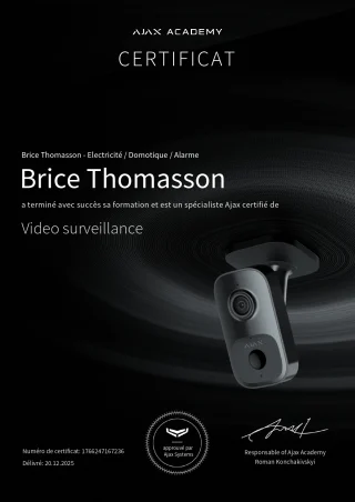 Certificat Ajax vidéosurveillance au nom de Brice Thomasson