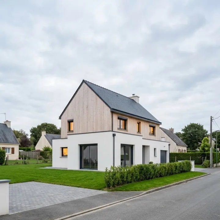 Maison contemporaine en enduit blanc et bardage bois clair, baies vitrées anthracite
