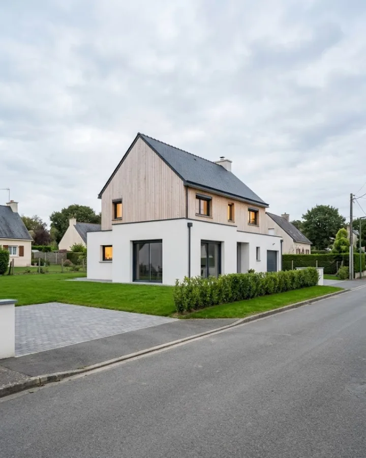 Maison contemporaine en enduit blanc et bardage bois clair, baies vitrées anthracite
