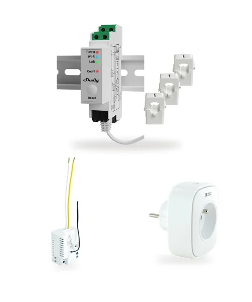 Compteur Shelly Pro 3EM, récepteur portail Delta Dore Tyxia 4620 et prise connectée