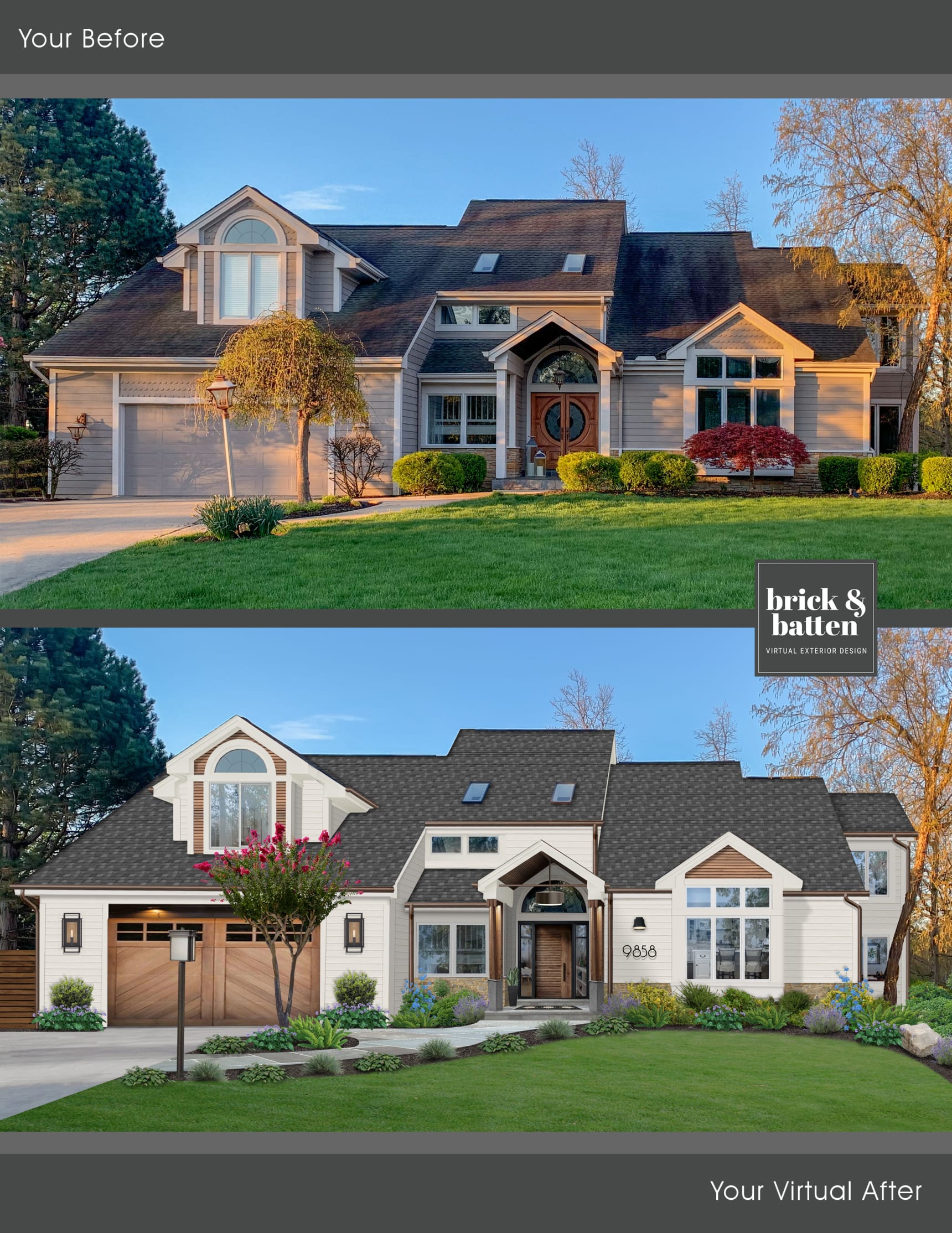 Traditional home with light wood carriage house garage door with windows