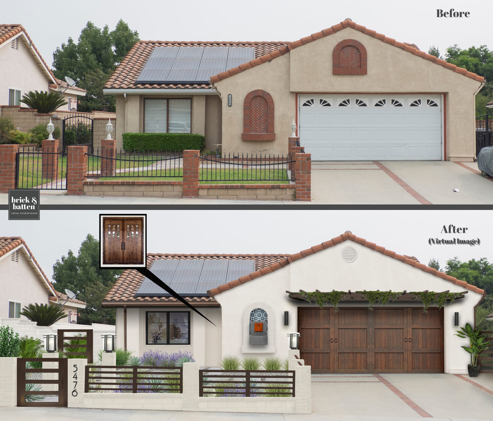 5 Modern Garage Door Examples That Are On-Trend in 2022 5 Before and after of a Spanish Mediterranean style ranch painted white with a wood carriage house door and a trellis above it
