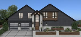 modern home with charcoal siding, light gray accents, and some wooden accents