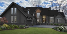 large home with charcoal siding and wood paneling accents