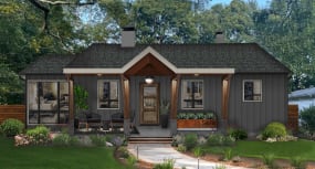 small modern rustic home with charcoal siding and wooden accents