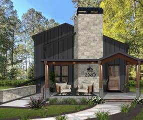 modern home with a light gray stone chimney and charcoal siding