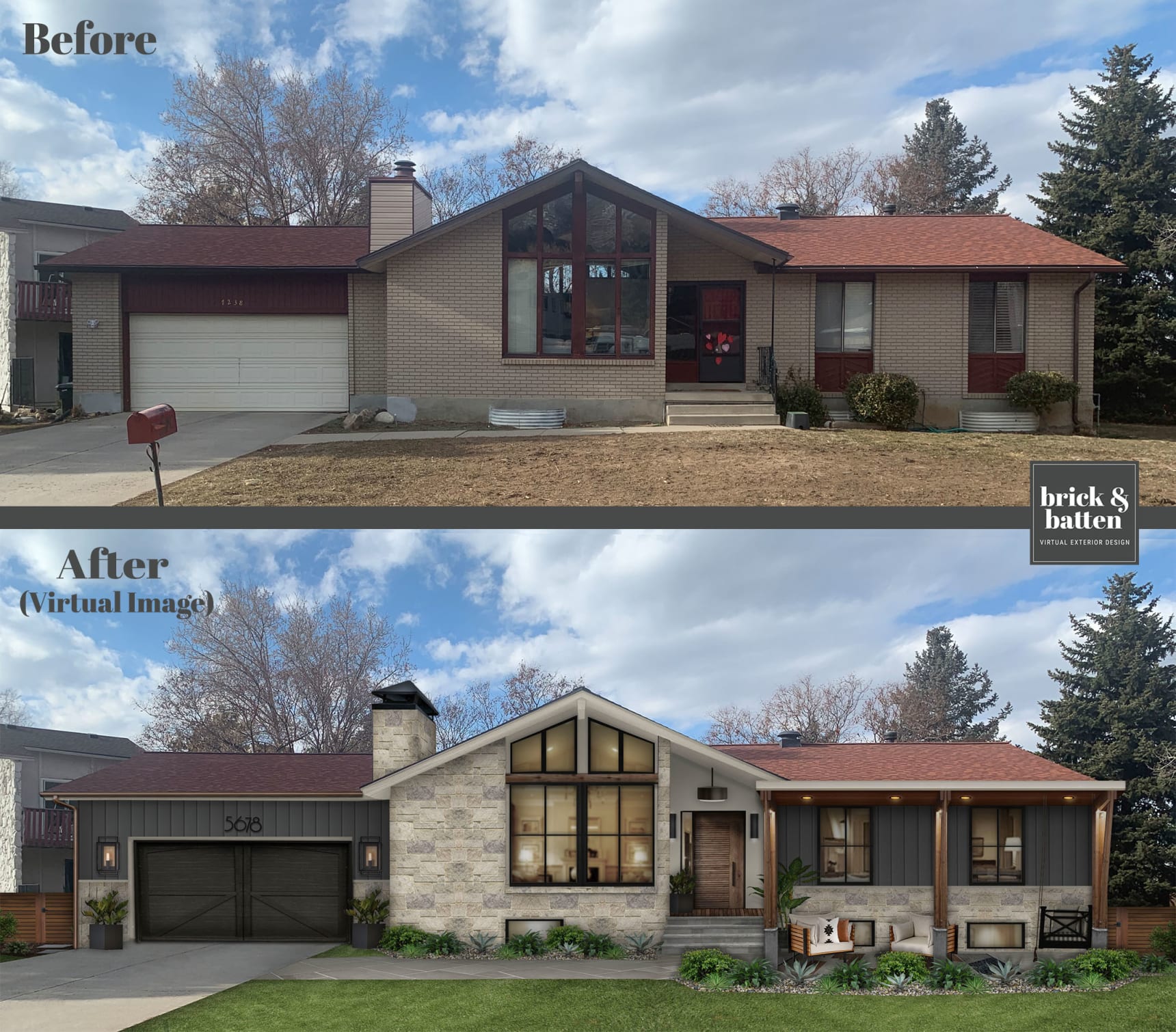 Before and after of a mountain style rustic modern home with added natural stone, columns, and an updated dark gray garage door