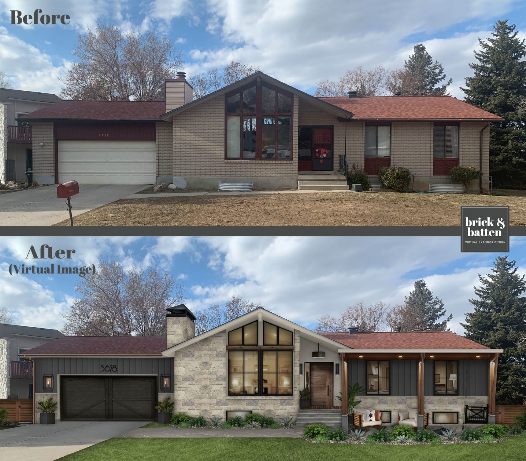5 Modern Garage Door Examples That Are On-Trend in 2022 4 Before and after of a mountain style rustic modern home with added natural stone, columns, and an updated dark gray garage door