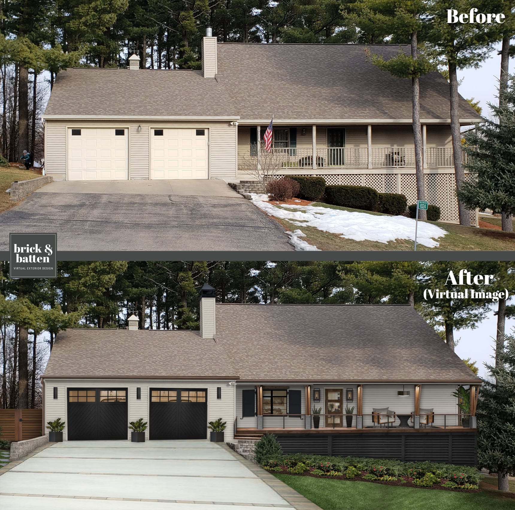 Transitional home update with a dark garage door with top section windows