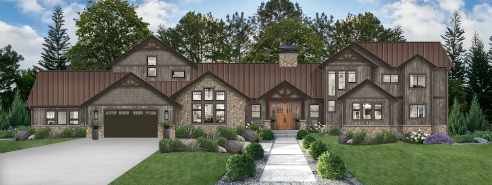 rustic house with wood and stone