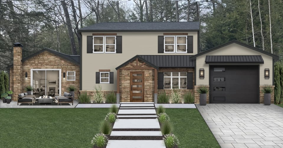traditional home with beige siding and stone cladding