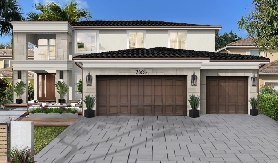 white home with limestone veneer cladding and wood garage doors