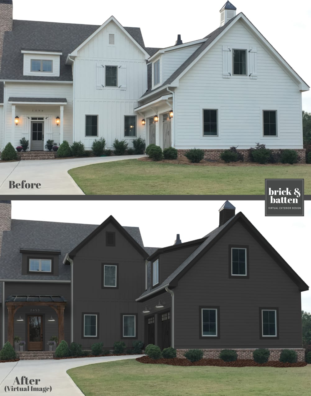 Before and after of a farmhouse painted a dark gray