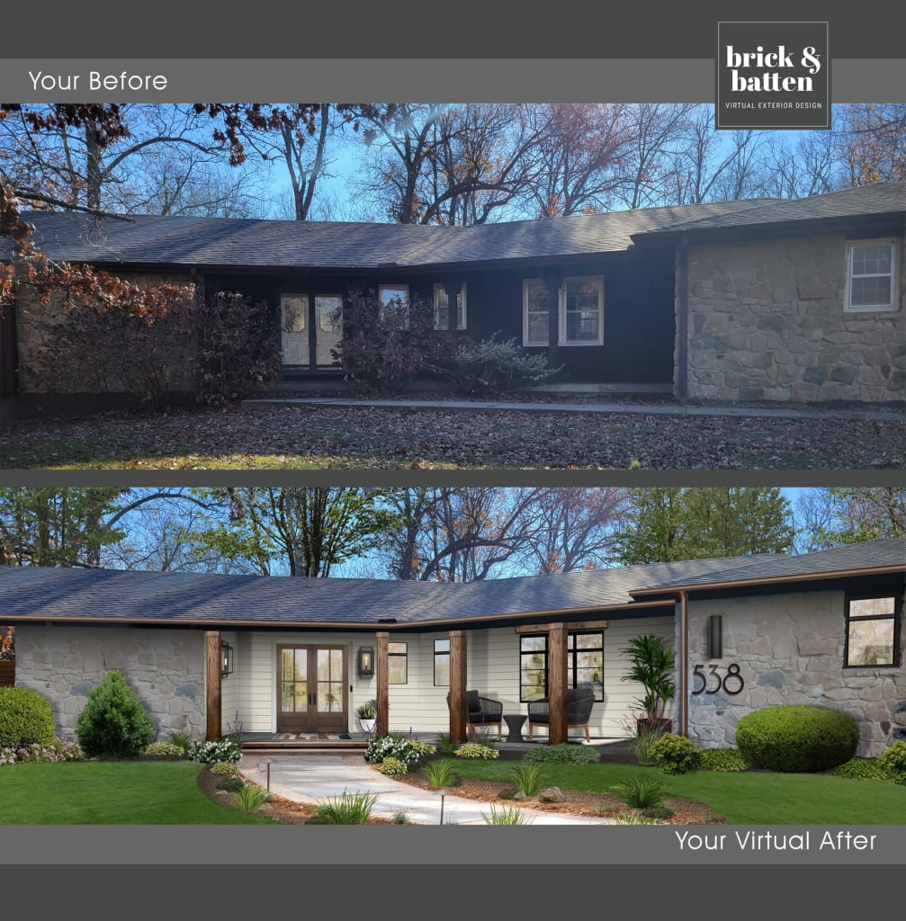 L shaped ranch before and after digital modern house design with painted stone and siding
