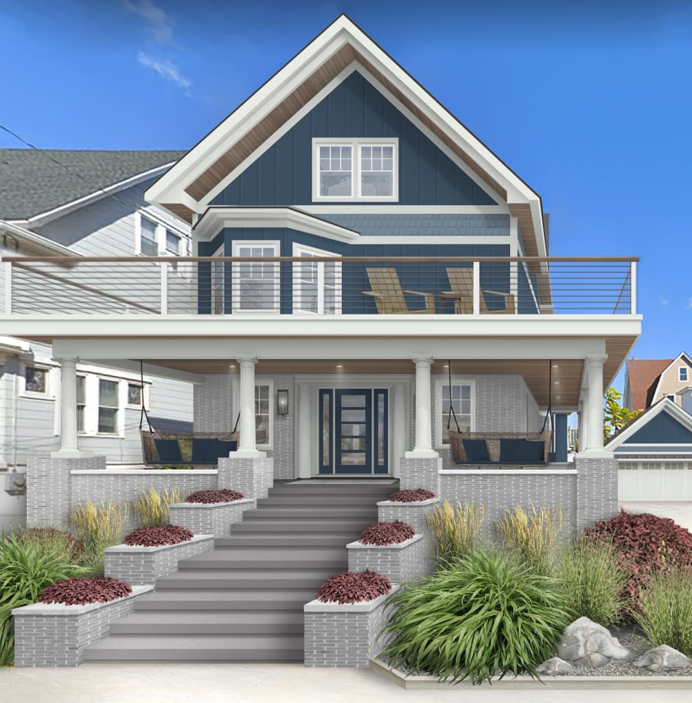 deep blue beach house with white trim
