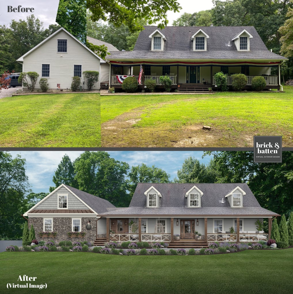 before and after of a rustic farmhouse exterior