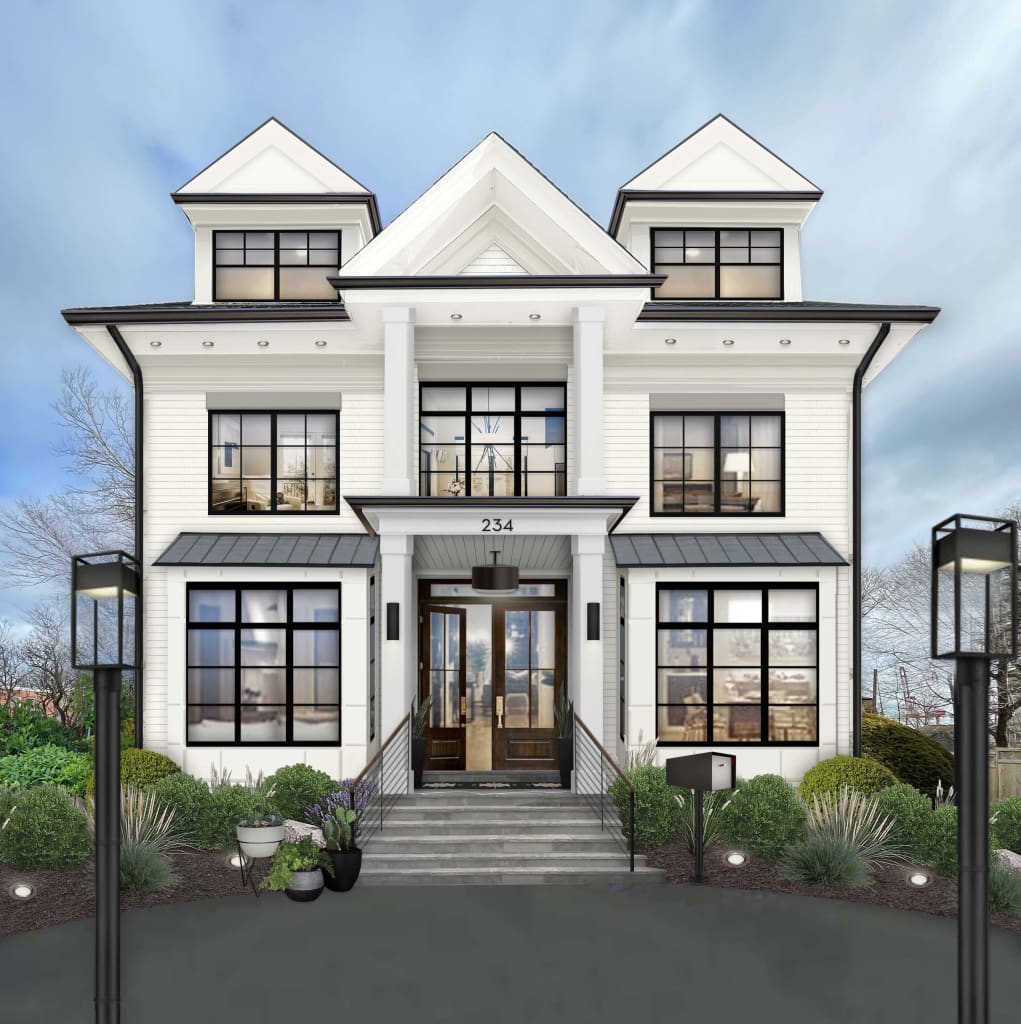 Modern white traditional home with charcoal gray metal roof and black window panes