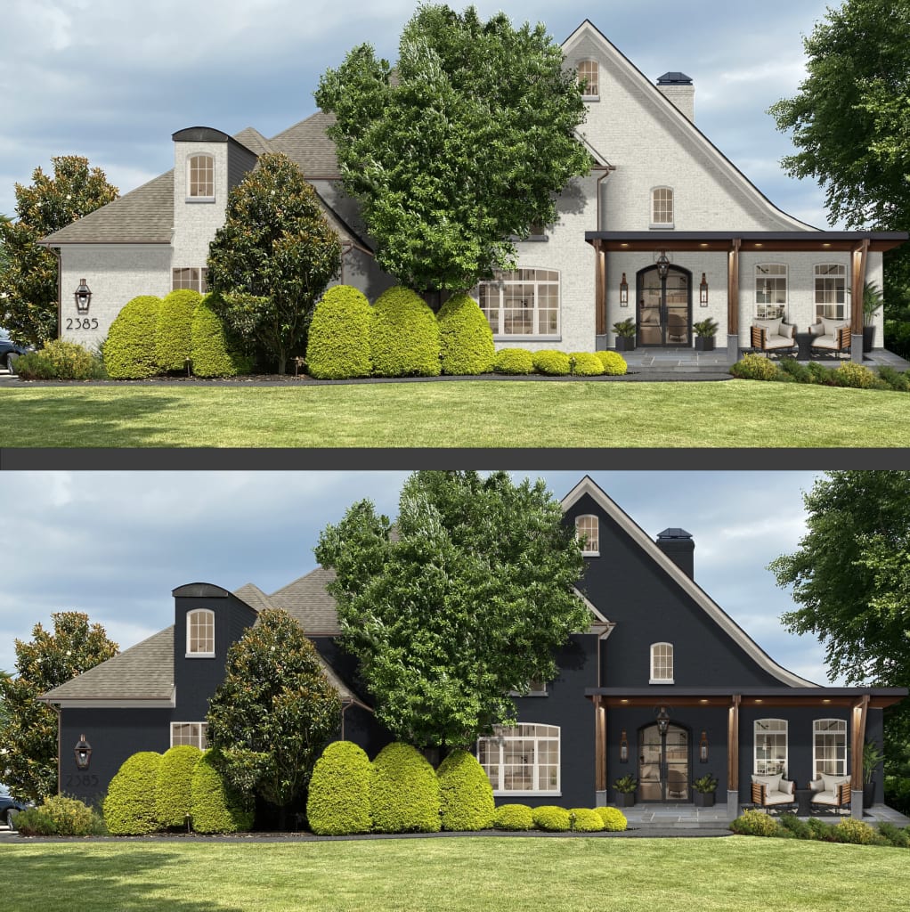 Two exterior virtual renovations of a large home with lush landscaping and a big, grassy front yard. In the second renovation, the home was painted black with the color Inkwell by Sherwin Williams on the brick and Revere Pewter by Benjamin Moore on the trim.