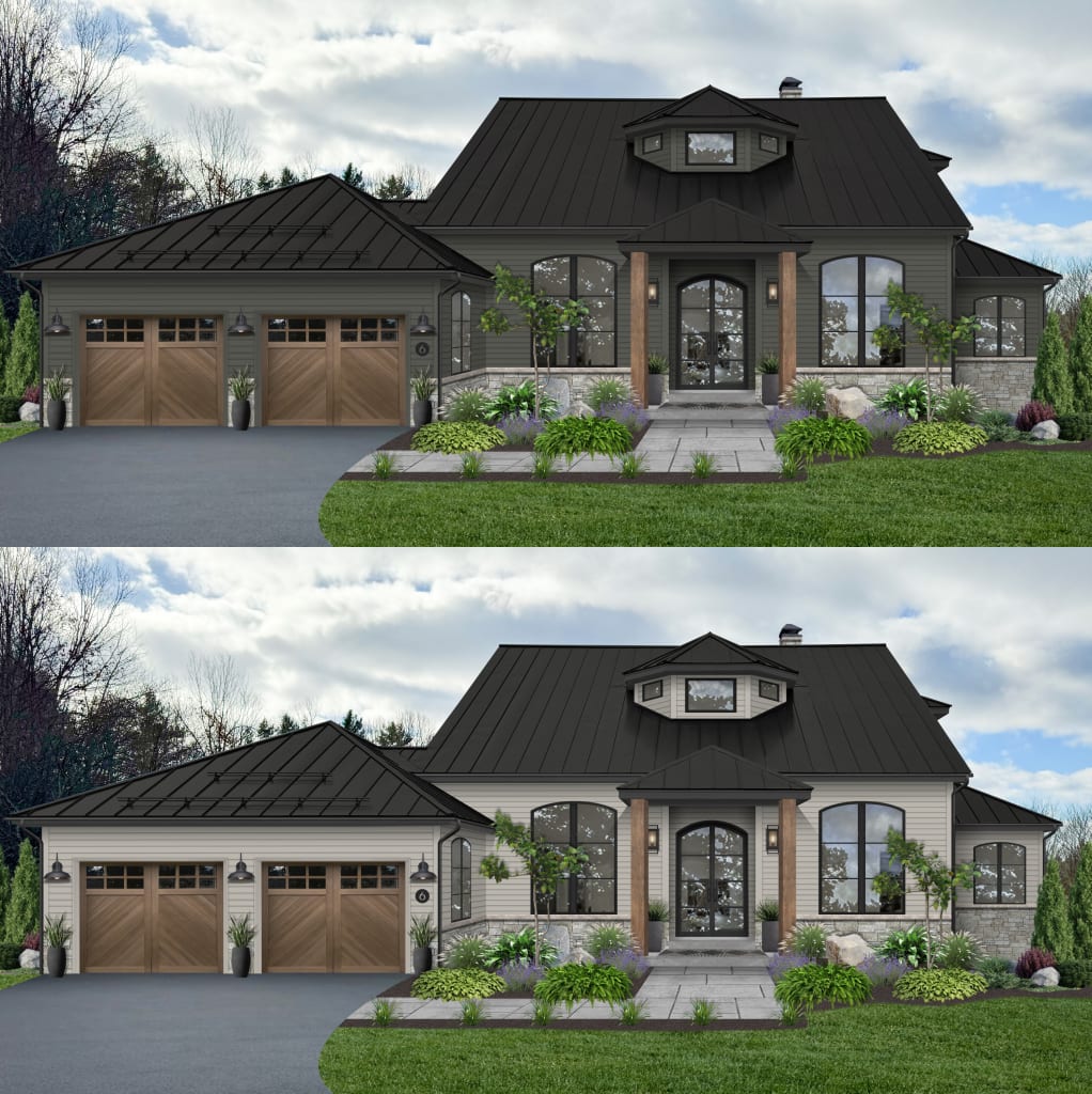 Two renderings of a home exterior featuring different color palettes