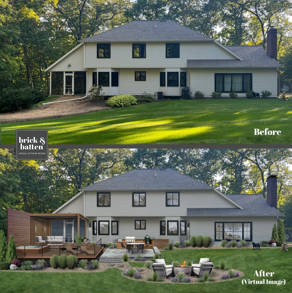 Virtual before and after of a backyard with a wood deck with seating and a gravel walkway leading to a firepit with with chairs.