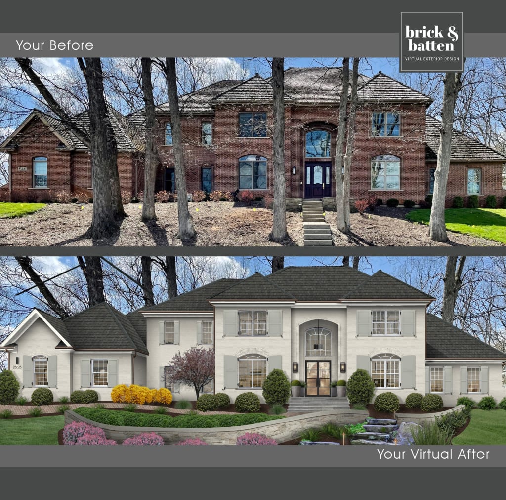 before and after of a large brick home with a sprawling retaining wall