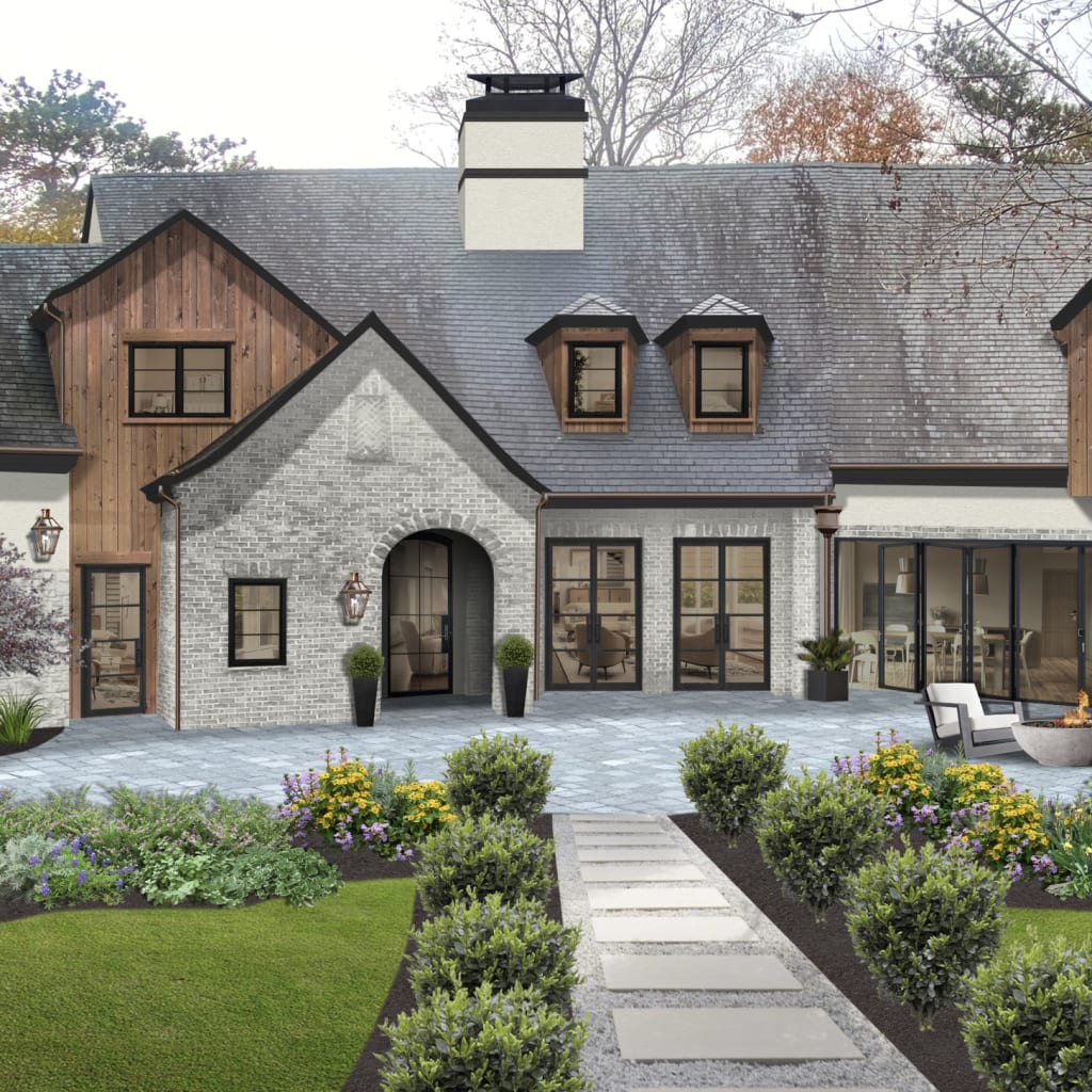 Virtual exterior design of a home rendered in Alabaster with stone, wood, and Black Beauty accents