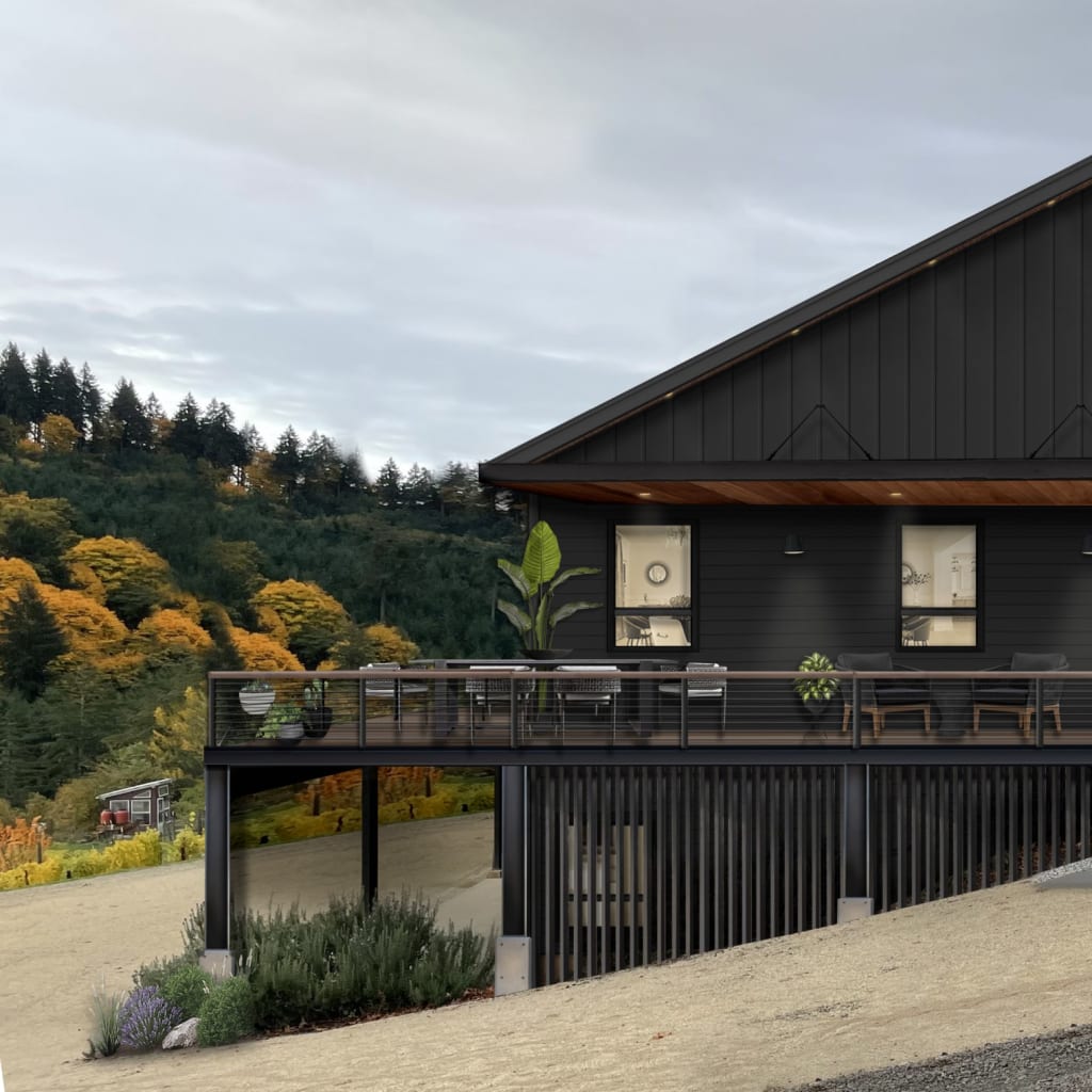 A home rendered in Caviar to illustrate one of the home exterior trends of 2021
