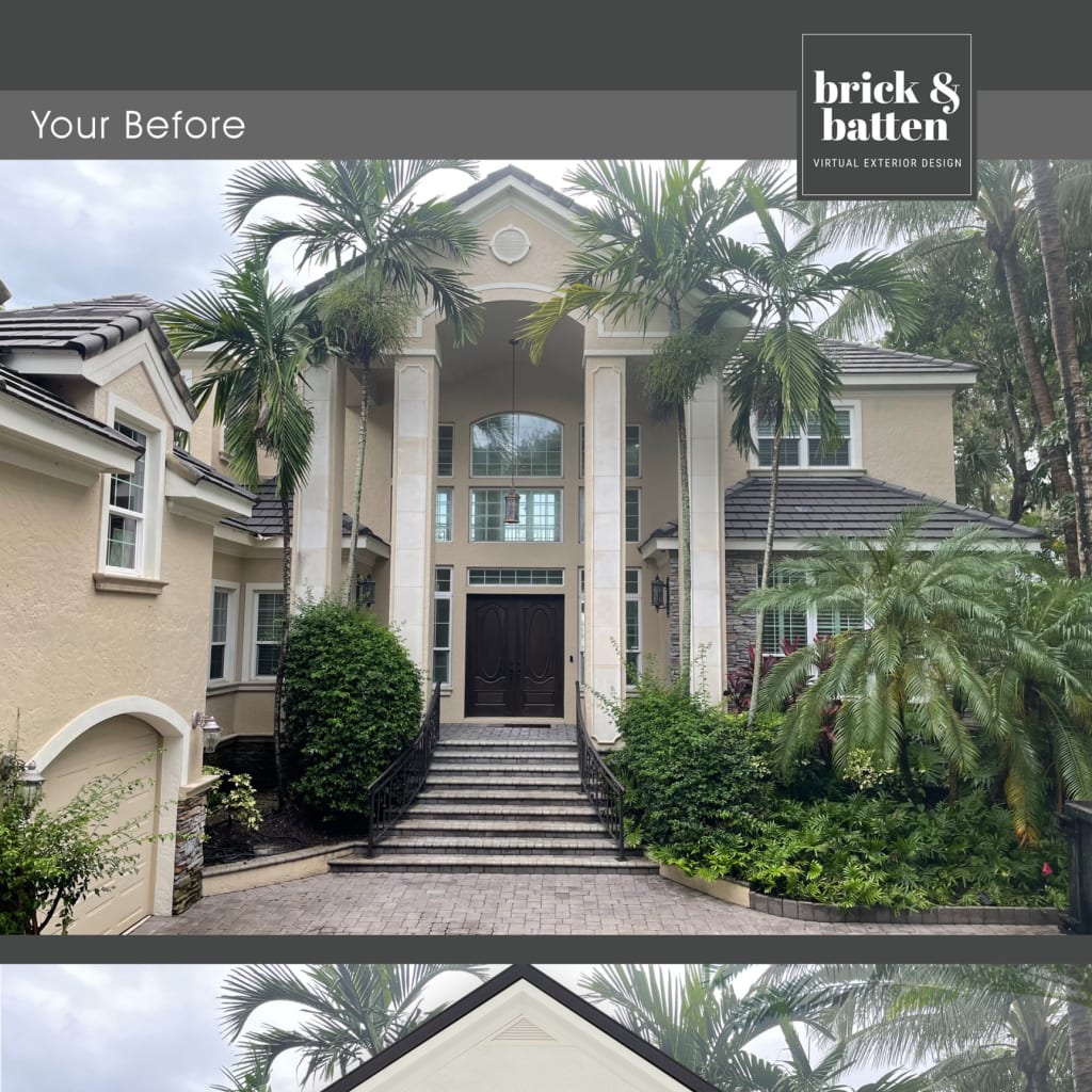 before-and-after of a Spanish-Mediterranean style home with tall stone columns