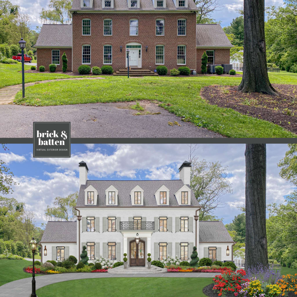 large three story colonial limewash brick house before and after