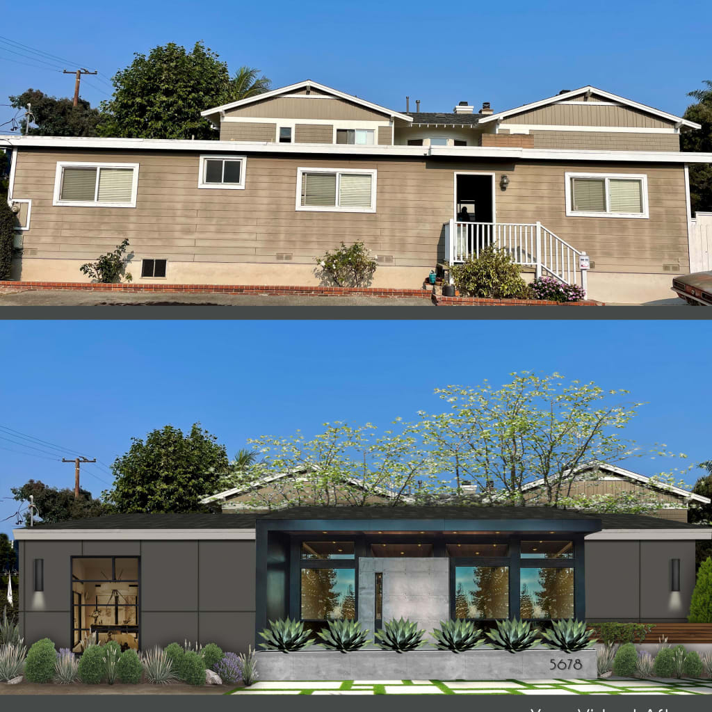 Before and after of a home rendered with a dark color palette and modern industrial design