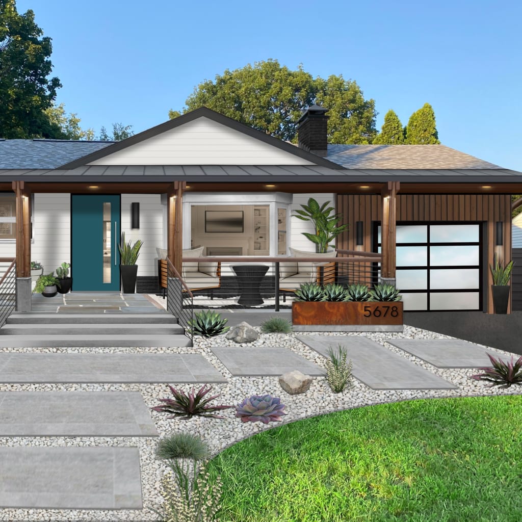Virtual exterior design of a small ranch home with many of the home exterior design trends popular in 2021