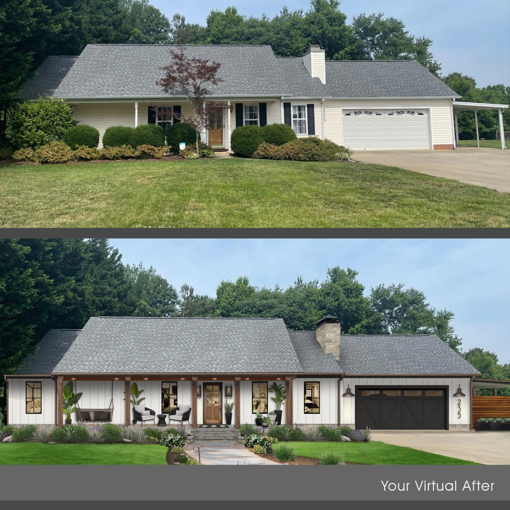 before and after of a white bungalow house with garage and large porch