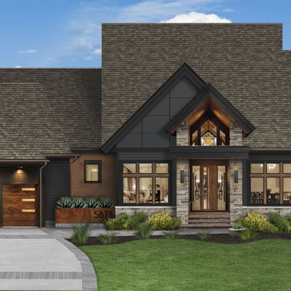 transitional mountain home in black panther with stone and wood accents