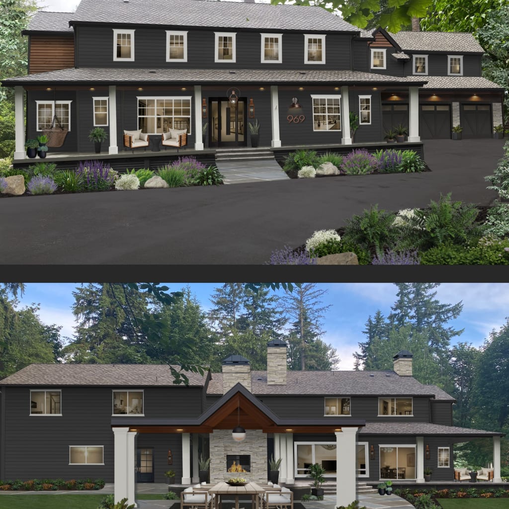 front and back view of traditional farmhouse in black and white windows