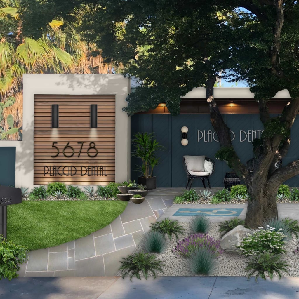 Virtual exterior design of a business painted in Blue Knight with Woodtone accents