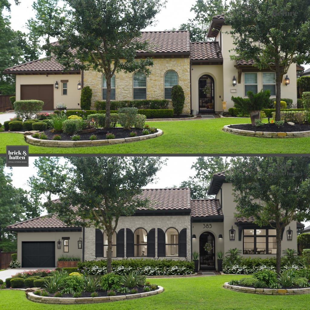Spanish-influenced home with light gray natural stone, gray stucco, and black shutters