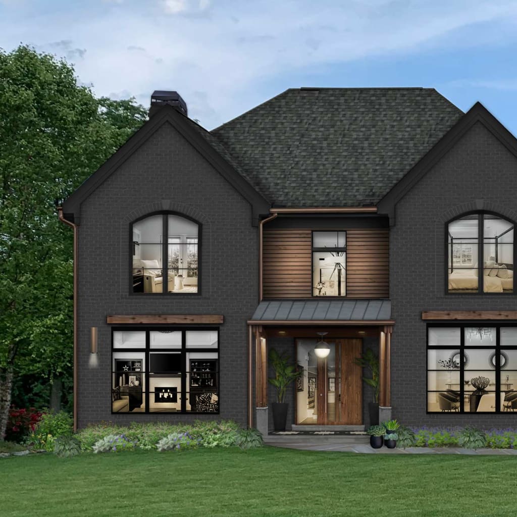 two story brick home painted black with large windows